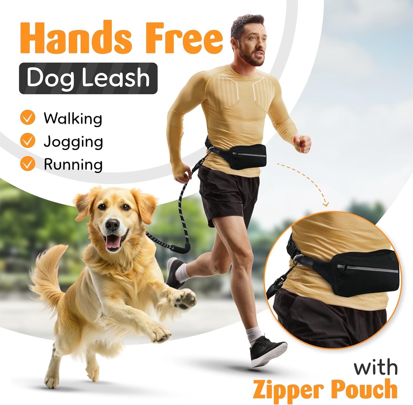 5Ft Hands Free Dog Leash, Waist Dog Leash, Heavy Duty Belt Dog Leashes with Zipper Pouch, and Highly Reflective Threads for Walking, Jogging, and Running with Your Dog